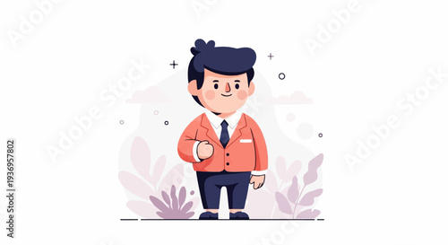 A smiling, cartoon man in a coral jacket, navy pants, and tie stands among stylized plants and circles