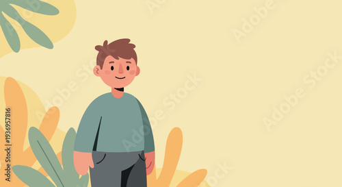 A cheerful cartoon boy stands amidst stylized plants against a soft yellow backdrop