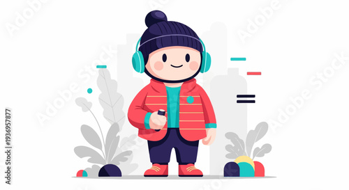 A stylized character in winter attire with headphones enjoys music while holding a device