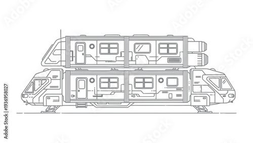 Futuristic Double Decker Caravan: A sleek, modern double-decker caravan, designed for the future of travel. Features detailed architectural lines and an overall futuristic style.