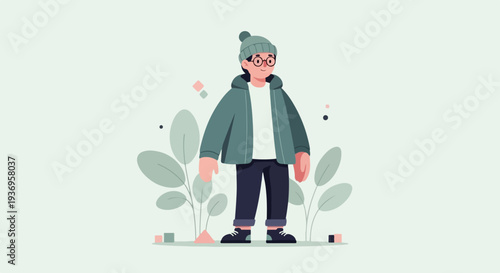 A stylized character with glasses and a beanie stands in a minimalist outdoor setting with abstract plants