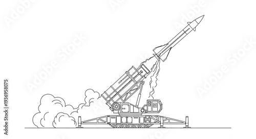 Line drawing of a rocket launching from a mobile ground-based missile launcher with smoke.