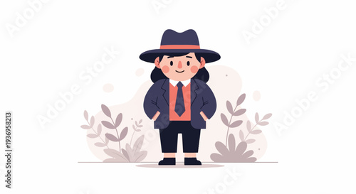 A cartoon character wearing a hat and suit with plants