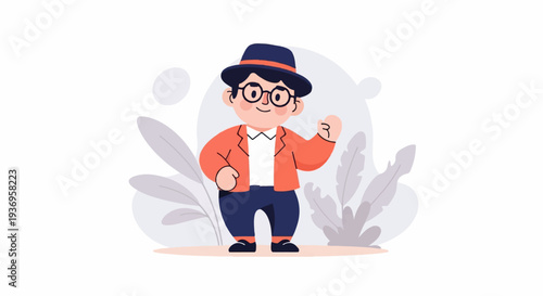 A cheerful cartoon character in a hat and glasses waves happily