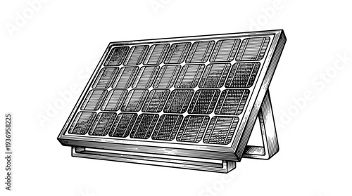 Solar panel with stand vector engraving style on white isolated background for renewable energy infographic design