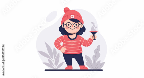 Animated character in winter hat and sweater, holding a cocktail glass with steam