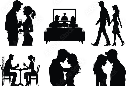 Romantic couple silhouette set with dating, walking, watching TV and hugging scenes, love relationship moments collection, people lifestyle vector isolated on white