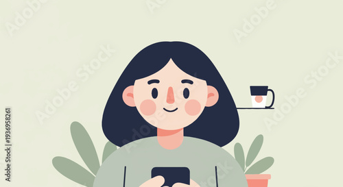 A stylized portrait of a young person holding a phone, with plants and a mug nearby
