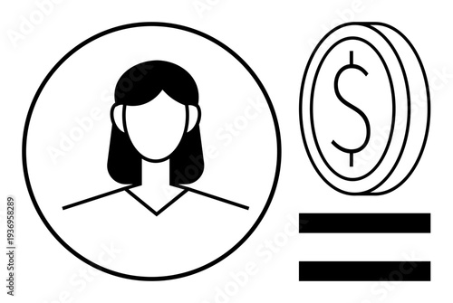 Female face inside a circle next to a dollar coin and equality bars. Ideal for gender equality, equal pay, feminism, financial fairness, workplace rights, wages, simple flat metaphor