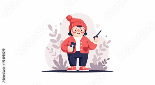Friendly character in a red hat and jacket, holding a phone and stylus