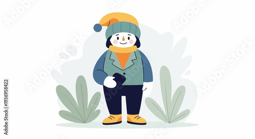 Cheerful person in winter attire, holding a phone, surrounded by plants