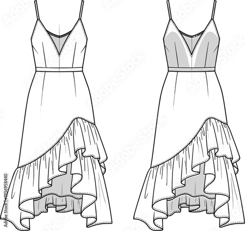 Women asymmetrical ruffle hem midi dress fashion technical drawing with spaghetti straps V neck front and back view
