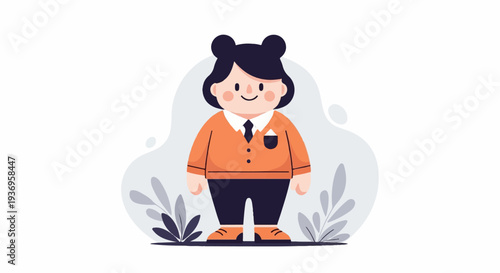 Chubby cartoon character with round ears and orange shirt, black pants, and shoes