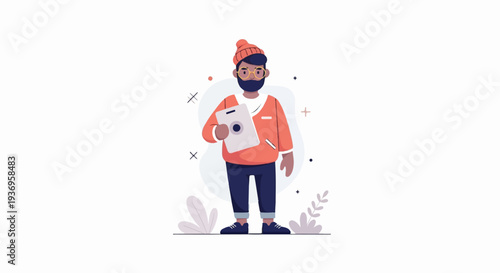 A stylized man in an orange beanie and sweater holds a tablet
