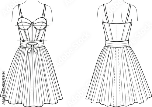 Women corset bodice pleated midi dress fashion technical drawing with spaghetti straps waist bow front and back view