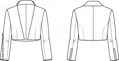 Women cropped blazer jacket fashion technical drawing with long sleeves, open front lapel design, front and back view apparel template