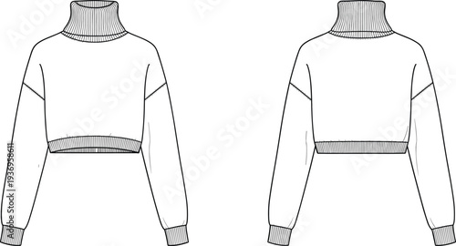 Women cropped turtleneck sweater fashion technical drawing with long sleeves ribbed collar cuffs and hem front and back view