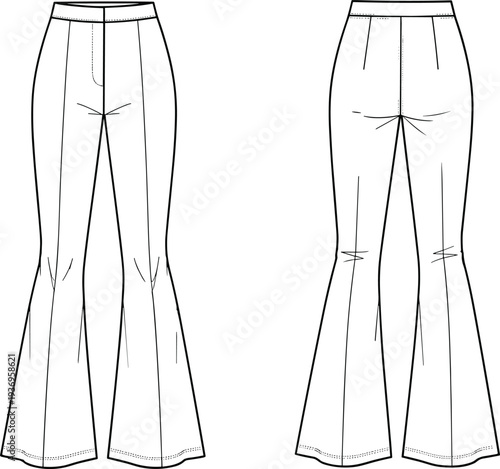Women high waist flared pants fashion technical drawing with seam panels front and back view apparel design template