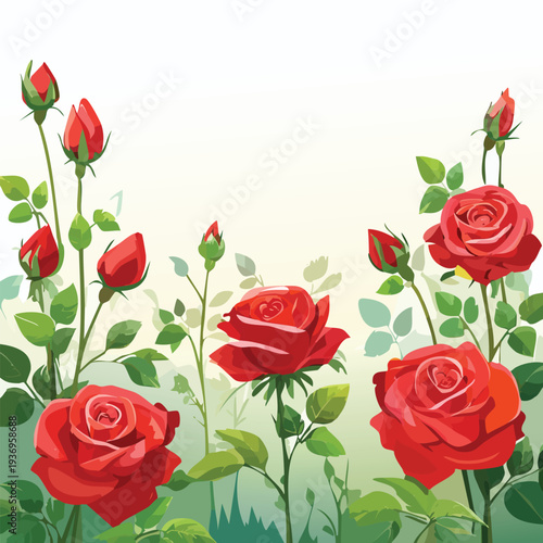 Vibrant red roses and buds on green stems illustration