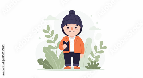 Cute cartoon character in winter attire, holding a book, surrounded by plants and clouds