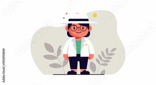 A stylized figure in a lab coat and hat, with plants and a sun
