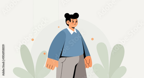 A stylized, smiling person stands amidst abstract, organic shapes