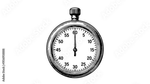 Stopwatch dial crown vector engraving style on white isolated background for time tracking app icon design