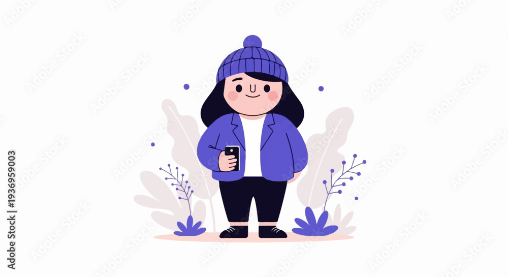 Fototapeta premium Cute cartoon figure in purple beanie and jacket holding a phone