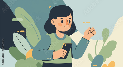 A cheerful, flat-design illustration of a person holding a smartphone amidst abstract green foliage