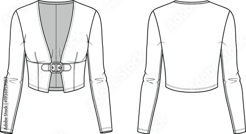 Women long sleeve cropped jacket fashion technical drawing with deep V neckline and buckle belt detail front and back view