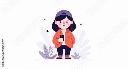 A cheerful character in an orange jacket and purple cap holds a phone amidst stylized foliage
