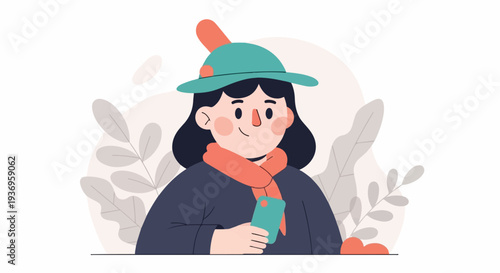 Animated person in hat and scarf holding a smartphone amidst stylized foliage