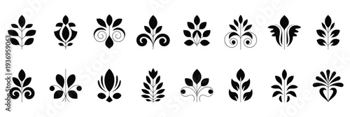 Palmettes Elements Symbols Vector Set, decorative vector illustration collection featuring classical palmette motifs, ornamental floral patterns, and elegant design elements, ideal for vintage, 