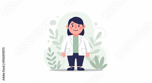 Stylized cartoon of a person wearing a lab coat and dark pants, amidst light green foliage
