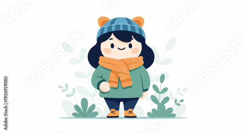 A cute, cartoon-style child in warm winter attire, complete with a beanie and scarf, stands amidst stylized foliage