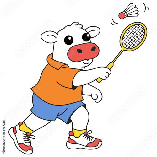 An adorable white cow character in an orange polo and blue shorts, lunging forward to return a high shuttlecock.