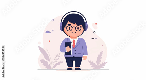 Charming cartoon person wearing headphones and holding a book