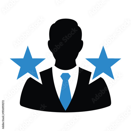 Silhouette of professional man in suit with blue tie and stars on shoulders