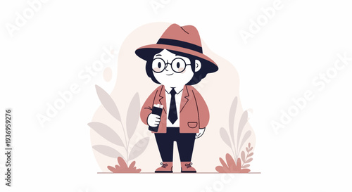 Cartoon character in a hat and suit holds a rolled document or scroll