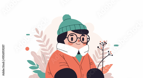 Cheerful person in warm winter clothes with a hat, scarf, and glasses, surrounded by plants
