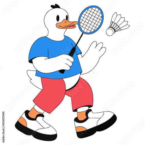 A cheerful white duck character dressed in a blue tee and red shorts, confidently holding a racket during a badminton match.
