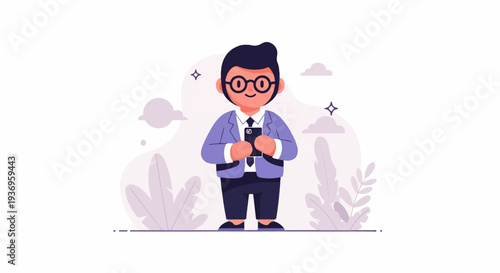 A cartoon character in a suit holds a phone, surrounded by stylized plants and clouds