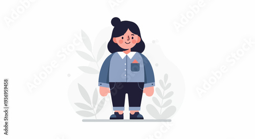 A cartoon female figure in a collared shirt and pants stands in front of muted foliage