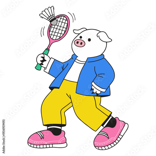 A plump white Pig happily playing badminton, gripping a racket and batting a flying shuttlecock.