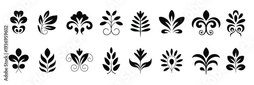 Palmettes Elements Symbols Vector Set, professional vector pack showing ornamental palmette designs, classical decorative motifs, and floral elements, scalable illustrations suitable for borders, 