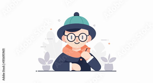 Whimsical character with glasses and scarf, holding a pen amidst potted plants