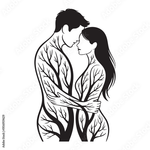Couple embracing with tree branch patterns on their bodies in black and white tree branches