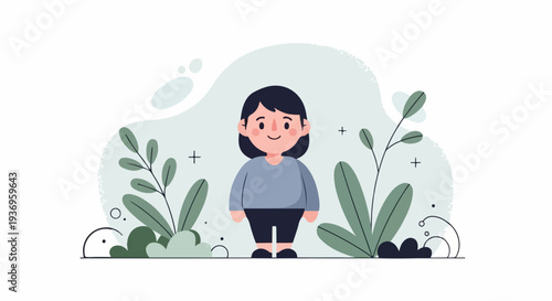 A cheerful character stands amidst stylized foliage and abstract shapes