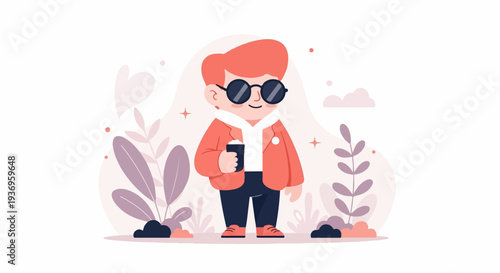 A cheerful character with coral jacket, sunglasses, and drink, in a soft pastel garden