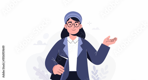 A woman in a blue suit and headscarf gestures invitingly, holding a folder